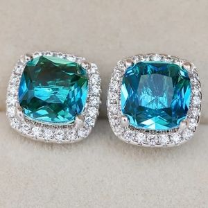 NEW 18k Blue Cushion Diamond Halo Earrings